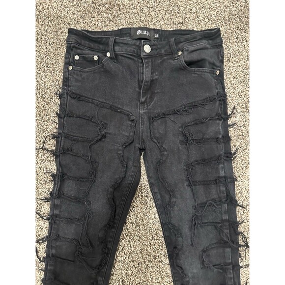 Guapi Mens Black Obsidian Blood Diamond Stacked Denim Fringe Pants Size 32x34 - Picture 3 of 11